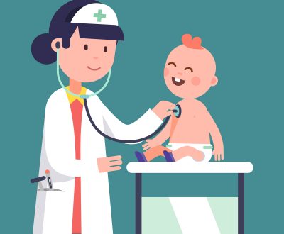 Pediatrician doctor woman doing medical examination of baby boy. Listening to kid heart rate with stethoscope. Modern flat style vector illustration cartoon clipart.